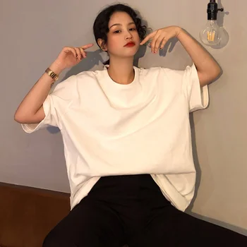 Harajuku Summer new oversize long Tee Shirt 7 Solid Color Basic тениски дамски ежедневни блузи корейски хипстер бяла тениска