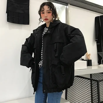 Harajuku хип-хоп товарни паркове зима 2020 корея утепленная яке с качулка есен нова черна градинска облекло BF свободен стил палто на горно облекло