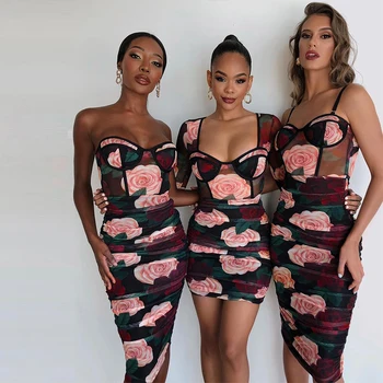 Hbenna Rose Print Dress Women Long Sleeve Mesh Mini Dress Summer Fashion Секси Bodycon Dress See-through Patchwork Ruched Dress