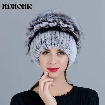 HDHOHR 2020 Winter Fur Real Hat Women Истински Rabbit Fur Hat With Silver Fox Fur crochet-шапки Fashion Women Fur Cap