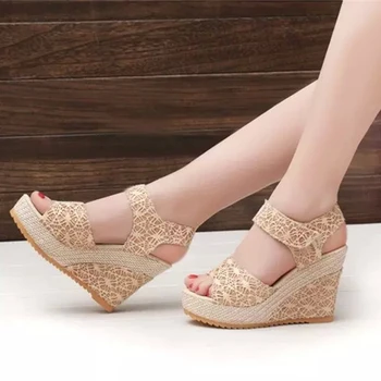 HIBISMIX дамски клинове, сандали мода 2019 лято дантела платформа ежедневни кука контур сандали жени обувки на високи токчета 2041
