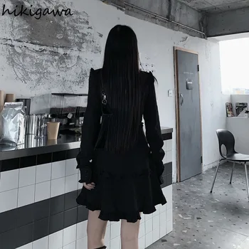 Hikigawa Midi рокли за жени 2021 нов темперамент Vestidos тънка талия накъдрен Harajuku черна мини-рокля жена плюс размер 7b759