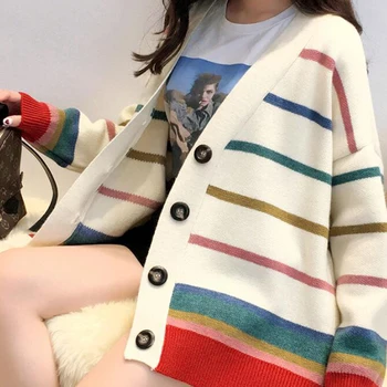 Hirsionsan пуловер жените есен зима Нов 2019 възли жилетки жени корея Rainbow V-образно деколте Ins облекло Насипни топли върховете Femme