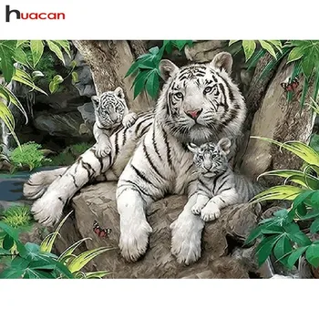 HUACAN Diamond Embroidery Animals САМ Mosaic Paintng Full Пробийте Resin Garden Decoration 5D Diamond Живопис бял Бенгалски тигър