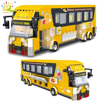 HUIQIBAO 485 бр. двуетажен автобус строителни блокове град Street View цифри автобус колата тухли, образователни играчки на децата подарък