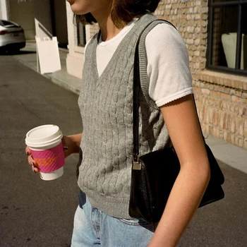 IAMSURE Solid Casual Basic възли пуловери, жилетки за жени естетически топ 90 те години без ръкави с V образно деколте чист стил пуловер жилетка