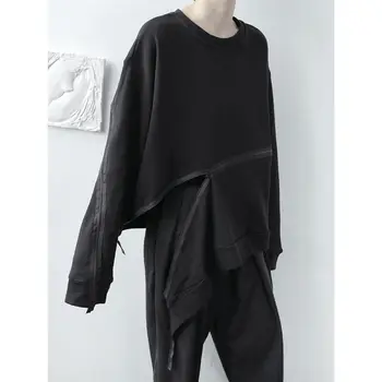 IEFB /мъжки дрехи 2021 пролет пуловер нередовни свободни жилетки с цип черно мода голям размер с дълъг ръкав потник О-образно деколте 9Y4057