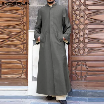 INCERUN Men Solid Very Long Върховете Vintage Autumn Long Sleeve Stand Collar Абая Jubba Man Covered Buttons Islamic Clothing 5XL7