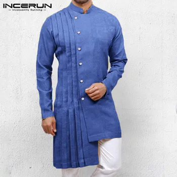 INCERUN Men Vintage нерегулярная риза ретро елегантен щанд яка от плътен дълъг ръкав кафтан дълги ризи мъжки индийски дрехи S-5XL