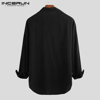 INCERUN Men Vintage Тениска Long Sleeve Solid Button Harajuku Camisa Дишаща Chic Cotton Linen Casual Марка Shirt Men Plus Size