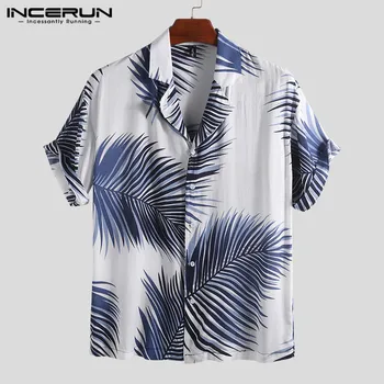 INCERUN Printing Men Hawaiian Shirt Casual Summer Lapel Neck Short Sleeve Blouse Fashion Beach Тениски Men Camisa Masculina 2021