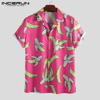 INCERUN мода лято банан печат мъжете риза без ревера на шията с къс ръкав блуза ежедневни плаж на хавайските ризи мъже Camisa 2021