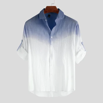 INCERUN мъжете ревера яка виси боядисана бутон наклон надолу ризи с дълъг ръкав дишаща тънка блуза Camisa Masculina плюс Size7