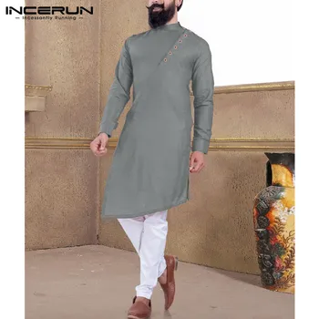 INCERUN мъжки индийски костюм риза 2021 реколта бутона твърди щанд яка с дълъг ръкав мюсюлманска облекло нередовни дълги ризи мъже