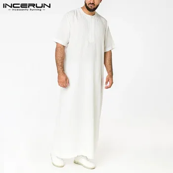 INCERUN мъжки мюсюлмански кафтан с къс ръкав твърди o врата Джубба Тоби Абая Близкия Изток Дубай, Саудитска Арабия ислямски Мъжки халати за баня S-5XL