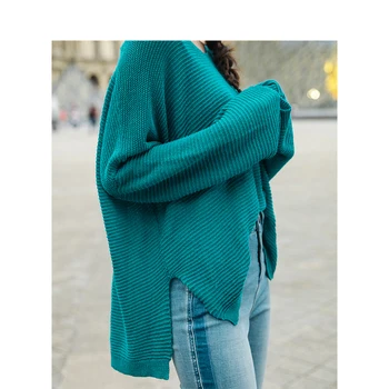 Inman О-образно деколте ретро шарени всекидневният стил на Хонг конг свободни спад на рамото ръкав дамски пуловер
