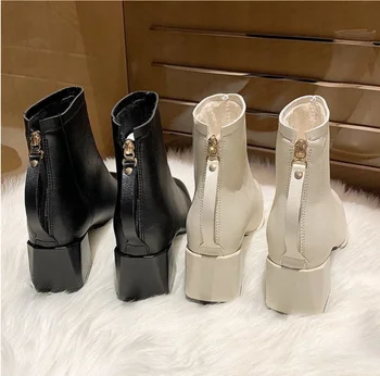 INS луксозни жени ботильоны 2020 зима бежово високи токчета квадратен чорап Челси обувки с високо качество дебелина с цип Мартин обувки