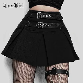 InsGirl Dark Goth Black Пънк Мода Секси Skirt Women Street Ins Style Y2k E-girl кожена ключалката с висока талия мини-пола Плиссированная