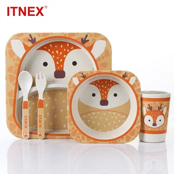 ITNEX 5 бр./компл. животните зоопарк детска чиния лук чаши, вилици, набор от прибори за хранене бамбуковое влакна детски детски прибори набор от подаръци