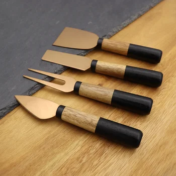 Jaswehome нов творчески дървена дръжка розово злато сирене нож комплект 4 бр. / компл. от неръждаема сирене Slicer машина лек сирене ножове