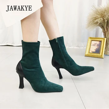 JAWAKYE квадратен чорап висок ток ботильоны жените зелен велур мода къса страна ботуши от естествена кожа черна зимни обувки жена