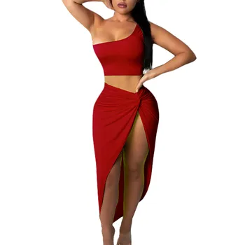 JAYCOSIN 2020 New Summer Women Suit Секси Мода Solid One Shoulder Crop Top Split Skirt For Beach Dress Combination
