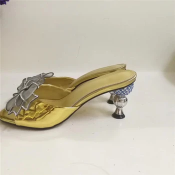 Jeweled Air Mesh Бътерфлай-knot Banquet Shoes Woman Metal Diamond Strange Heel Секси Open-Toe Кристал Дамски сандали