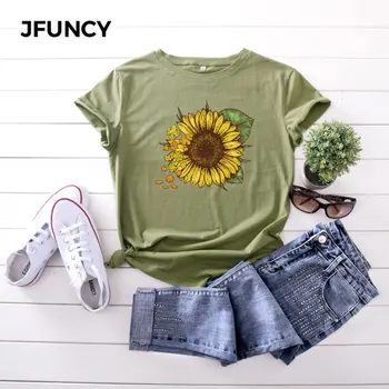 JFUNCY плюс размер 5XL летни дамски памучни тениски Sunflower Harajuku Print Casual Топ Женска тениска с къс ръкав Дамски тениска