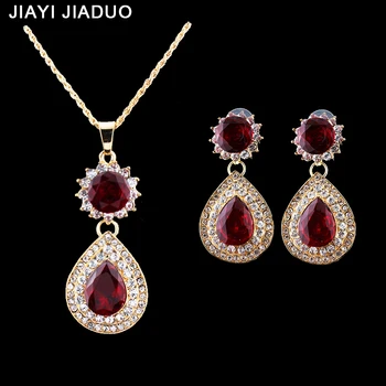 Jiayi jiaduo модерен Crystal златен цвят комплект бижута висулка, обеци за очарователни жени сватба синьо, червено, лилаво