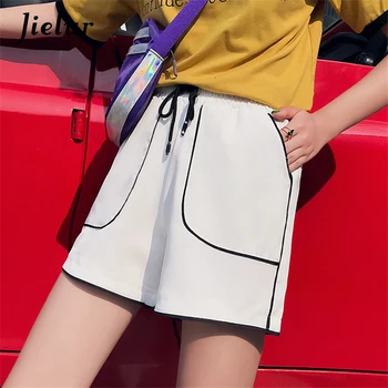 Jielur корейски шик летни къси панталони за жени улица свободни фитнес къса Feminino дантела шарени джобове, широки шорти краката M-XXL