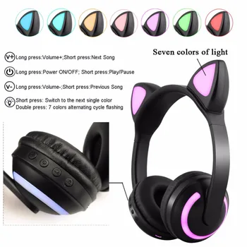 JINSERTA Bluetooth стерео котешки уши слушалки мигащи светещи котешки уши слушалки за игри на слушалки слушалки 7 цвята led светлина