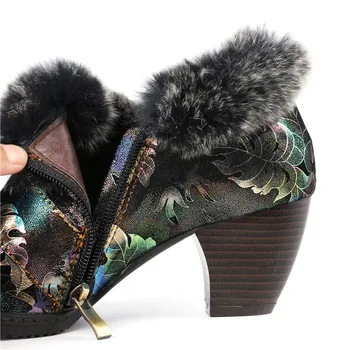 Johnature зимни помпи Дамски обувки 2020 Новата естествена кожа високи токчета преобърнат край печат ръчно изработени Дамски обувки за свободното време
