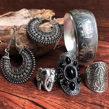 JShine четири вида античен ретро бижута, етническа чешки пръстен, гривна, обеци за жени дялан камък Boho бижута подаръци