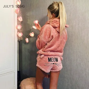 JULY's SONG Мода Есен-Зима женски пижамные комплекти Фланелен мультяшные топли пижами животни пижами котка сладко момиче шорти домашно облекло