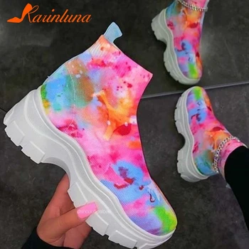 Karinluna INS гореща разпродажба голям размер 36-43 модерен през цялата чорап смесен цвят на приплъзване на равна платформа есен глезена Дамски ботуши