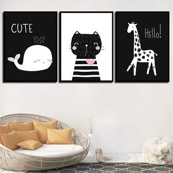 Kawai Черно-Бял Кит Жираф Котка Платно Абстрактна Живопис Печат На Плакат Боядисване На Стените, Детска Стая, Nordic Украса