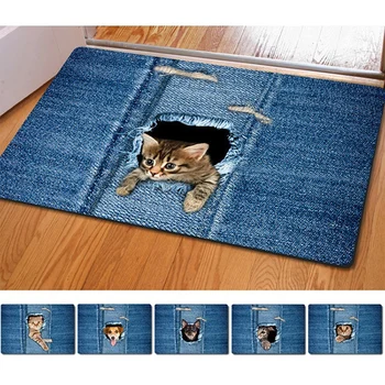 Kawaii Cat Floor Mat Washable Denim Cat Door Mat за баня нескользящий декоративен кухненски килим Home Decor Tappeto Cucina