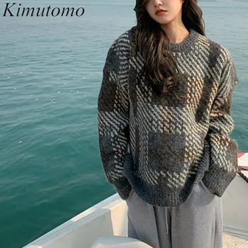 Kimutomo реколта топъл пуловер жените пролет есен Корея стил За дами-образно деколте каре с дълъг ръкав дебели пуловери на горно облекло свободни
