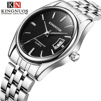 KINGNUOS мъжки часовник с каишка за часовник ръчен часовник от неръждаема стомана бизнес мъжки календар часовници марка кварцов механизъм Hour Time Relogio
