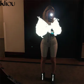 Kliou зимни дамски паркове мода рефлектор памучен куртка с висока талия светкавица fly джобове дамски ежедневни дебели топли дрехи
