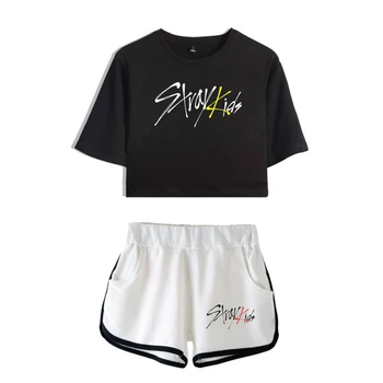 Kpop Бездомни Деца Two Piece Summer Set Секси Cotton Printed T shirt Album Woman Костюм Shorts Crop Fashion Върховете+шорти панталони 2020 New