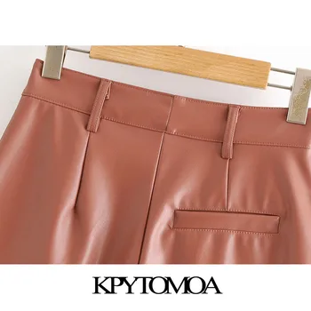 KPYTOMOA жени 2020 елегантна мода изкуствена кожа, странични джобове стари шорти с висока талия светкавица Fly дамски къси панталони Mujer