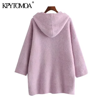 KPYTOMOA жени 2021 мода с качулка на извънгабаритни вязаный винтидж пуловер с дълги ръкави оребрени апликации дамски пуловери шик върховете