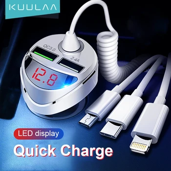 KUULAA USB Car Charger Quick Charge 4.0 Fast Charging Charger Micro USB C с кабел за iPhone Huawei, Xiaomi Mi Type C Phone