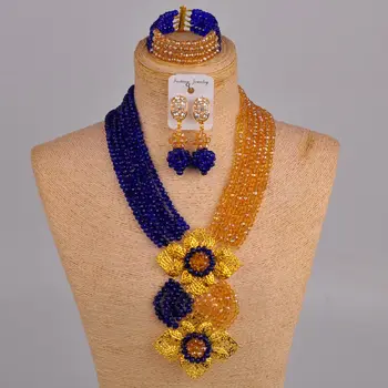 Laanc Fashion Royal Blue Champange Gold Nigerian Wedding African Beads Jewelry Set Crystal C6CHLK024