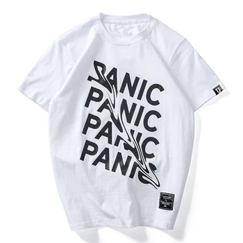 LACIBLE мъжете паника тениска памук градинска потници тениски лятото с къс ръкав огъване творчески писма хип-хоп тениска черен
