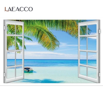Laeacco Photography Backgrounds Tropical Palme Tree Window Island Sea Beach Blue Sky Photo Scene Background Photocall Photo Studio