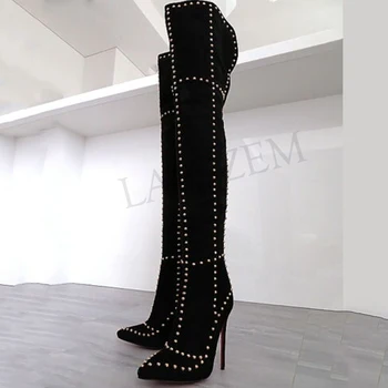 LAIGZEM супер жена на Висок ток бедрото високи ботуши с шипове шипове дълги високи ботуши обувки жена Botines Mujer по-Голям е размерът на 34-47