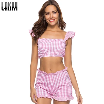 LAISIYI спортен костюм на Жената 2019 лято Kawai сладко розово майк шорти набор от каре костюми Раффлед crop top шорти набор от ASSU20130