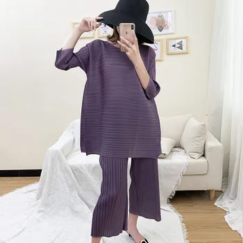 LANMREM причинно-разследващ комплект от две части за жени пролет нова мода плиссированная облекло темперамент плътен цвят върховете + широки панталони PB306